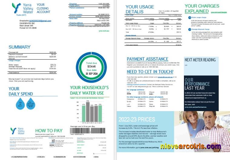 Melbourne Yarra Valley Water water business utility bill, 2 pages
